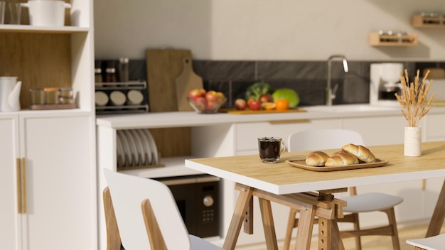 Tavolo da pranzo in legno minimo sopra lo spazio di cottura sfocato della cucina moderna sullo sfondo