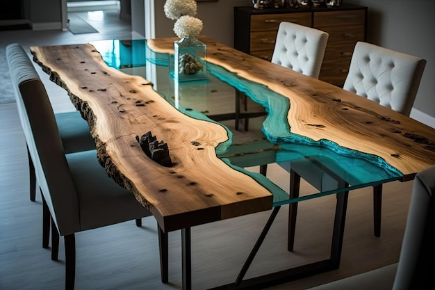 Tavolo da pranzo in legno naturale con semplice piano in vetro e gambe in metallo create con generative ai