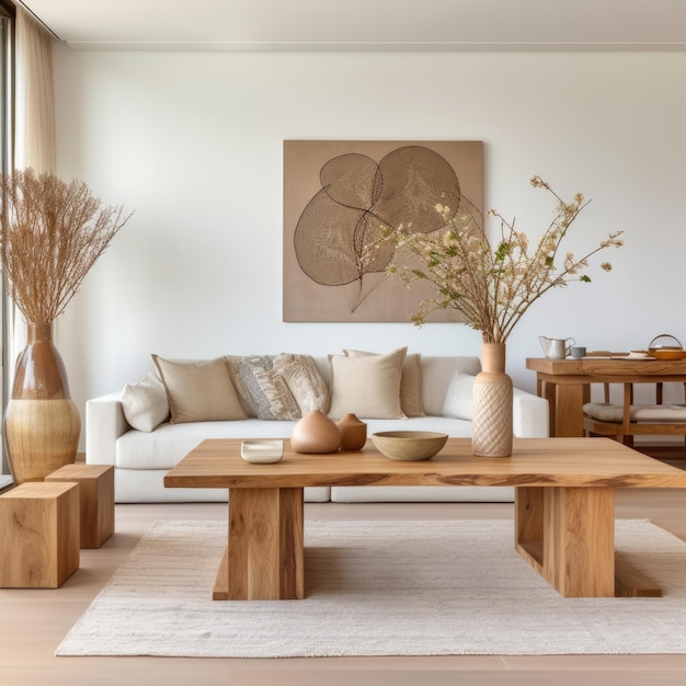 Tavolo da pranzo in legno su tappeto tessuto divano beige in classico design d'interno di casa di salotto moderno