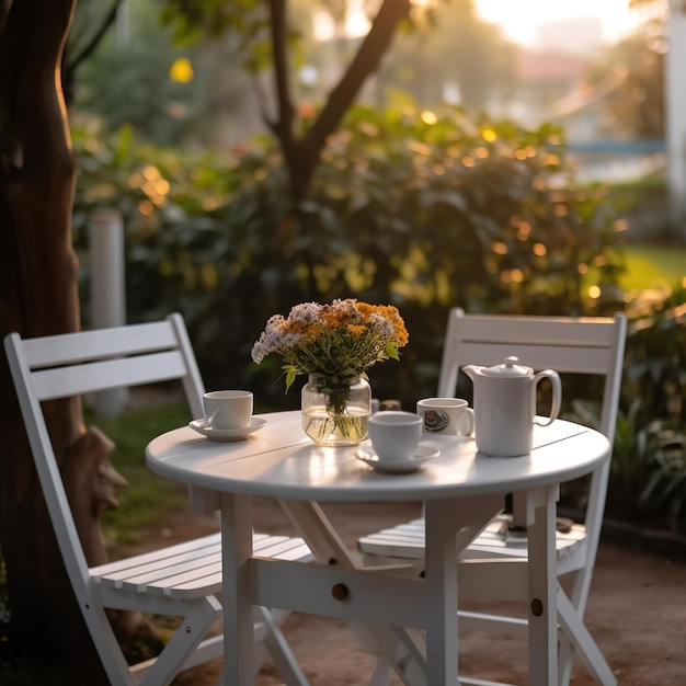 tavolo da pranzo in un giardino lussureggiante