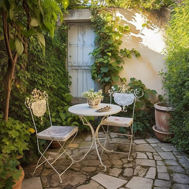 tavolo da pranzo in un giardino lussureggiante