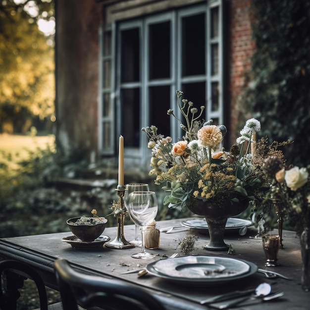 tavolo da pranzo in un giardino lussureggiante