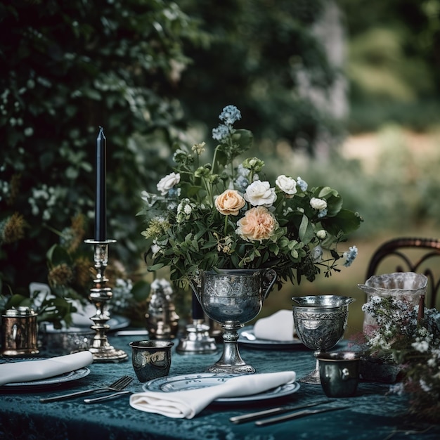 tavolo da pranzo in un giardino lussureggiante