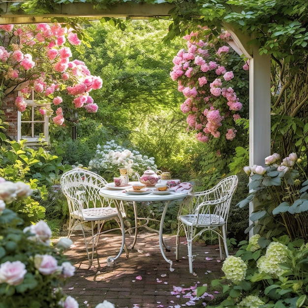 tavolo da pranzo in un giardino lussureggiante