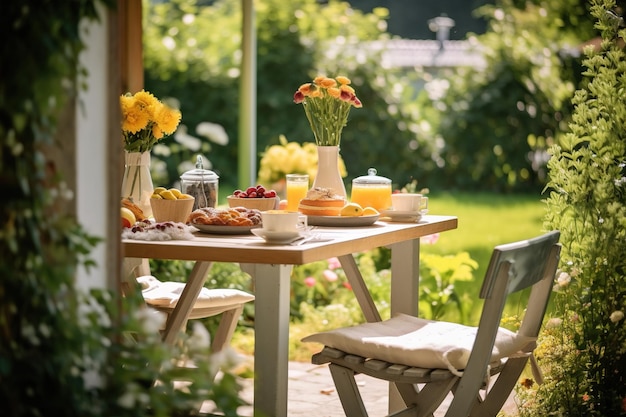 tavolo da pranzo in un giardino lussureggiante