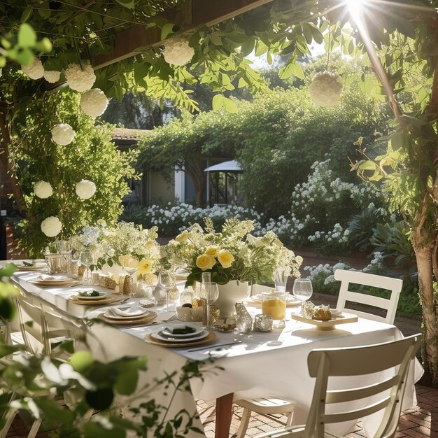 tavolo da pranzo in un giardino lussureggiante
