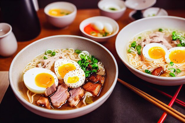 Tavolo da pranzo servito con ciotola di ramen tonkotsu giapponese