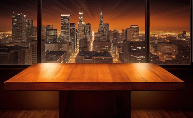 tavolo da pub in legno con luci notturne nello stile di paesaggi urbani minimalisti