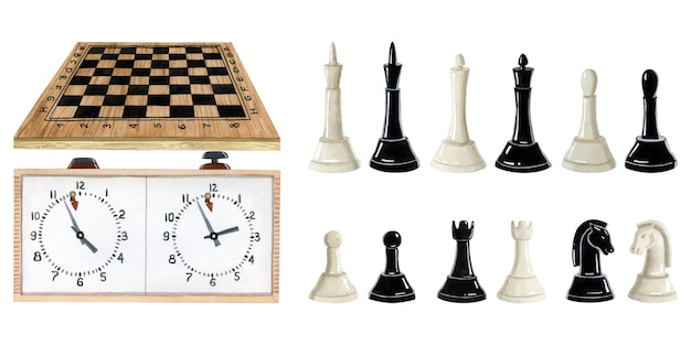 Tavolo da scacchi ad acquerello orologio e pezzi set completo di illustrazioni realistiche disegnate a mano