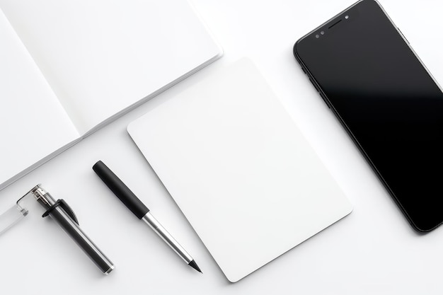 Tavolo da scrivania bianco con penna per notebook e mockup dello schermo mobile generato dall'intelligenza artificiale