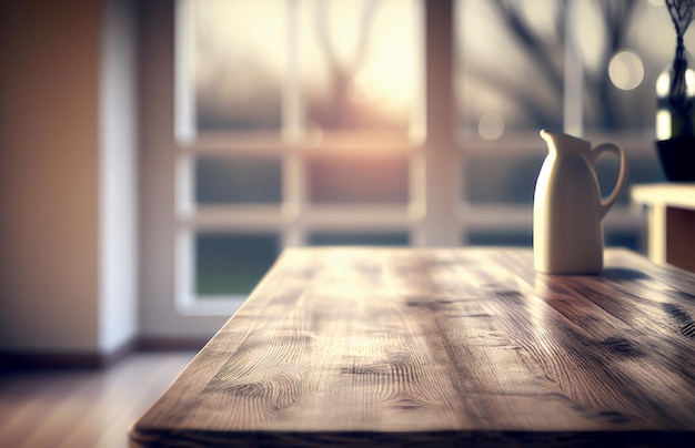 Tavolo da scrivania in legno vuoto astratto con spazio di copia sopra la moderna cucina interna e la finestra sfondo sfocato display per il montaggio del prodotto