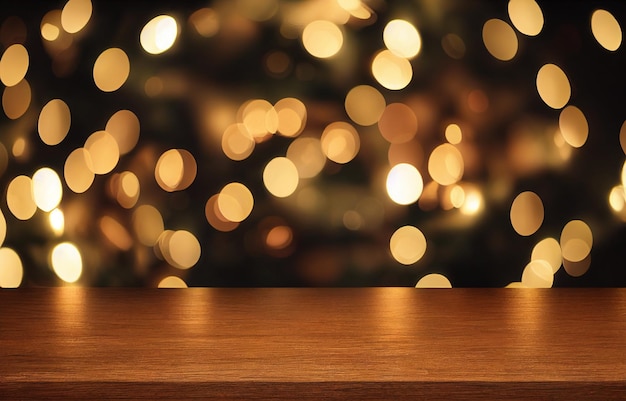 Tavolo da scrivania in legno vuoto astratto con spazio per la copia su sfondo sfocato bokeh natalizio per montaggio prodotto rendering 3d