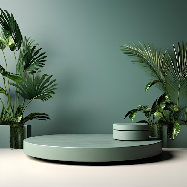 Tavolo da soggiorno tropicale verde con piante in vaso 3d renderizzate