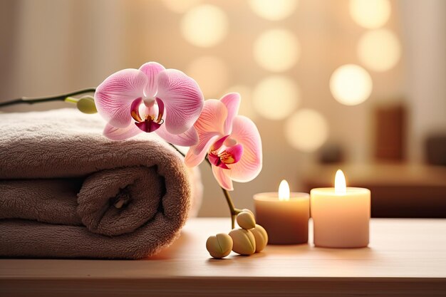 Tavolo da spa con orchidee a candela e asciugamano ideale per scrivere