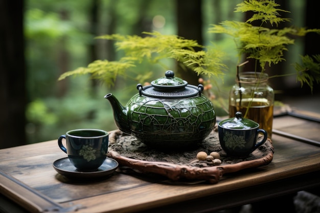 Tavolo da tè giapponese nel giardino Zen generativo IA