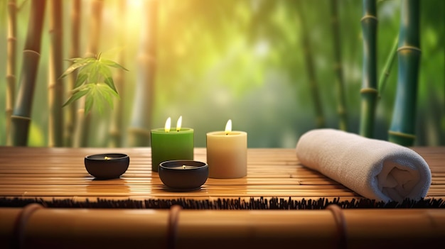 Tavolo da terapia di massaggio termale con candele aromatiche spa relax concetto di massaggio di bambù IA generativa