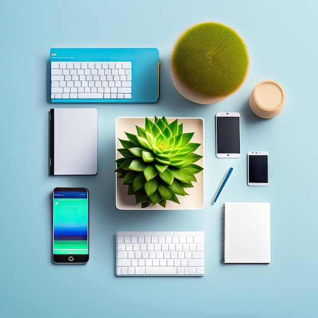 tavolo da ufficio bianco del progettista con forniture di notebook cactus e smartphone pianeggiante