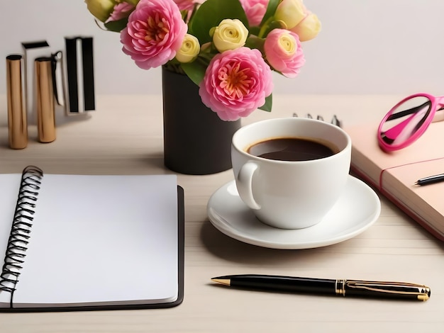 Tavolo da ufficio con tazza da caffè, quaderno, penna e fiori