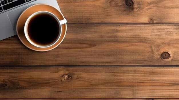 Tavolo da ufficio in legno con computer portatile, tazza di caffè e forniture Vista dall'alto con spazio per la copia piatto