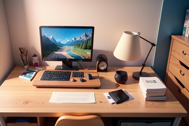 Tavolo da ufficio, tavolo da conferenza, computer, scrivania, area di lavoro, spazio interno intimo per il lavoro duro.