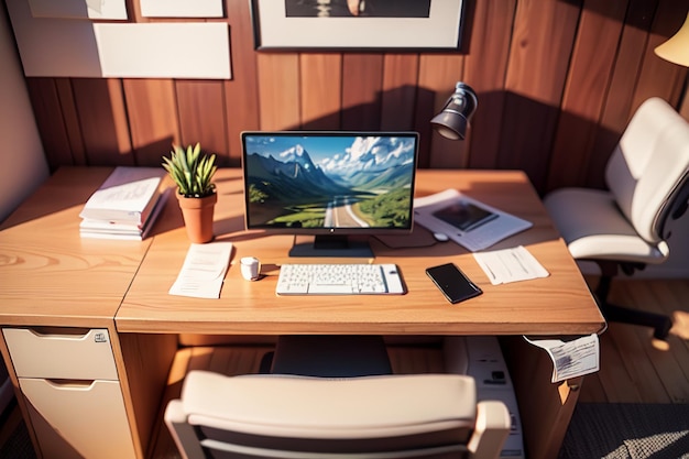 Tavolo da ufficio, tavolo da conferenza, scrivania per computer, area di lavoro, spazio interno intimo per il lavoro duro.