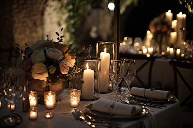 Tavolo decorato con candele per un ricevimento di nozze tenuto di notte