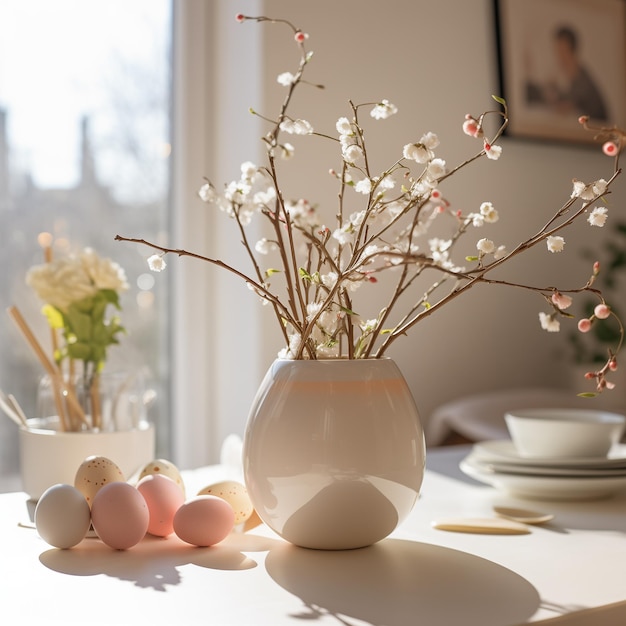 Tavolo decorato in primavera con uova e vaso con fiori di primavera.