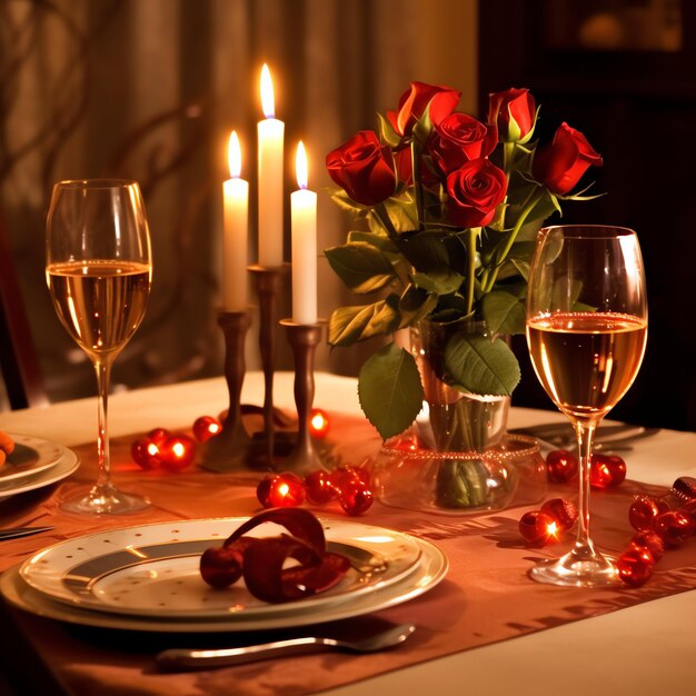 Tavolo decorato per una cena romantica con due bicchieri di champagne bouquet di rose rosse o candela