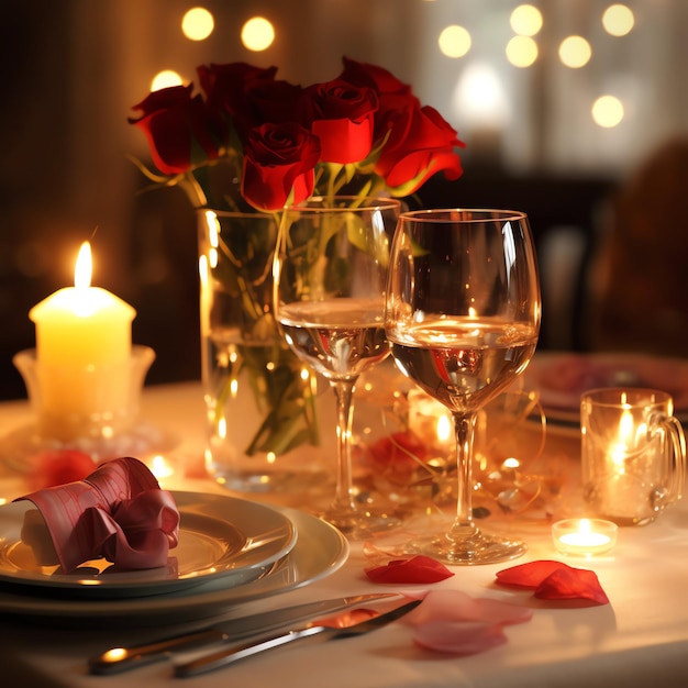 Tavolo decorato per una cena romantica con due bicchieri di champagne bouquet di rose rosse o candela