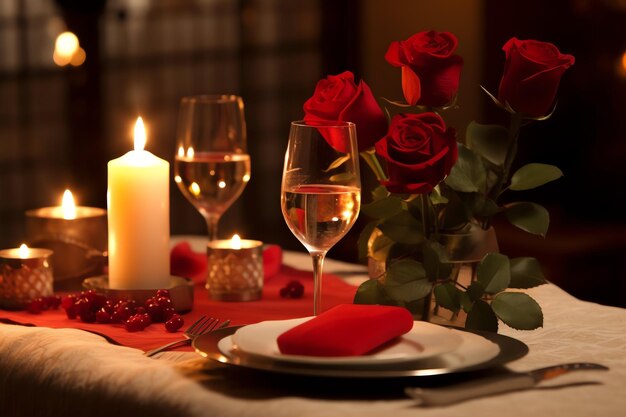 Tavolo decorato per una cena romantica con due bicchieri di champagne bouquet di rose rosse o candela