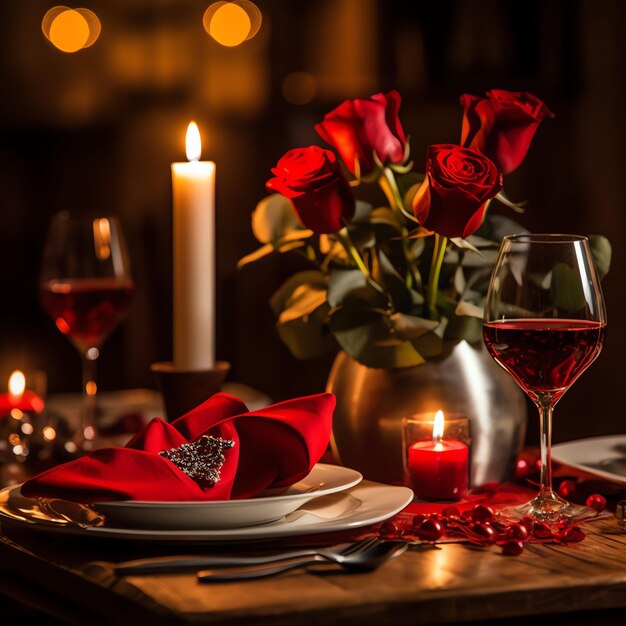 Tavolo decorato per una cena romantica con due bicchieri di champagne bouquet di rose rosse o candela