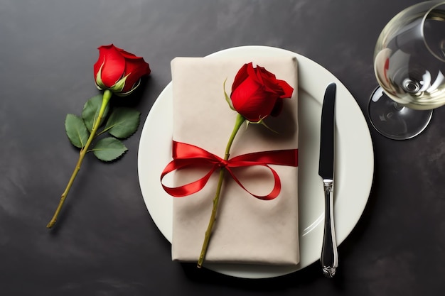 Tavolo decorato per una cena romantica con due bicchieri di champagne bouquet di rose rosse o candela