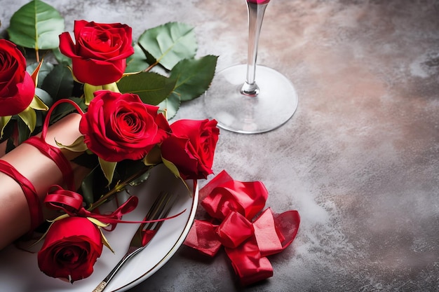 Tavolo decorato per una cena romantica con due bicchieri di champagne bouquet di rose rosse o candela