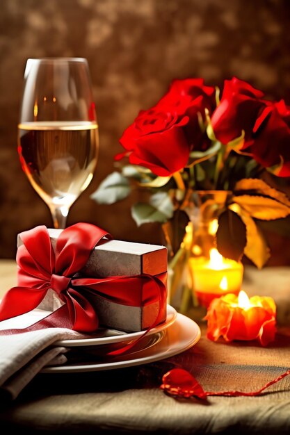 Tavolo decorato per una cena romantica con due bicchieri di champagne bouquet di rose rosse o candela