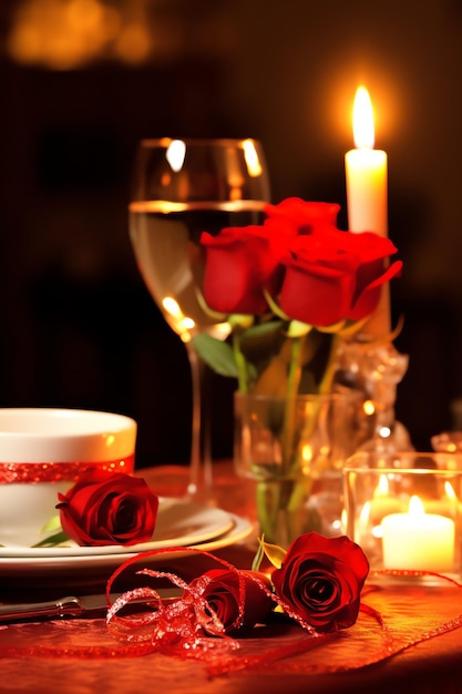 Tavolo decorato per una cena romantica con due bicchieri di champagne bouquet di rose rosse o candela