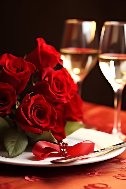 Tavolo decorato per una cena romantica con due bicchieri di champagne bouquet di rose rosse o candela