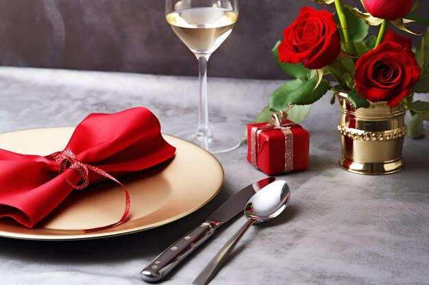 Tavolo decorato per una cena romantica con due bicchieri di champagne bouquet di rose rosse o candela