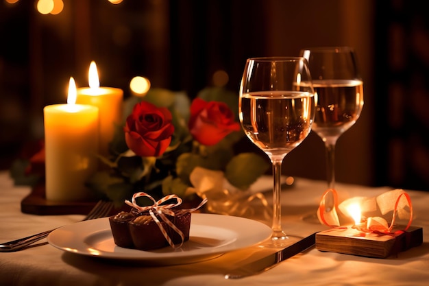 Tavolo decorato per una cena romantica con due bicchieri di champagne bouquet di rose rosse o candela