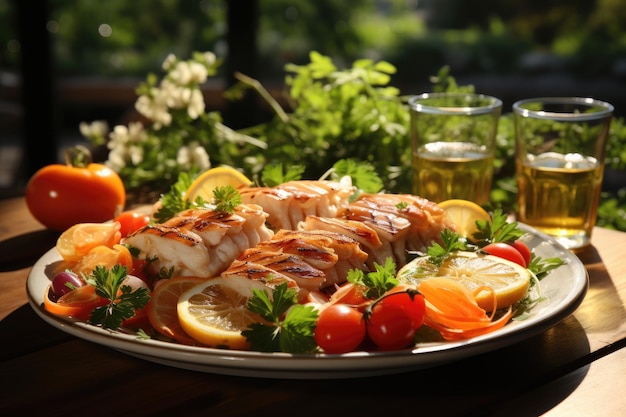 tavolo del ristorante con menu di pesce che pubblicizza la fotografia di cibo