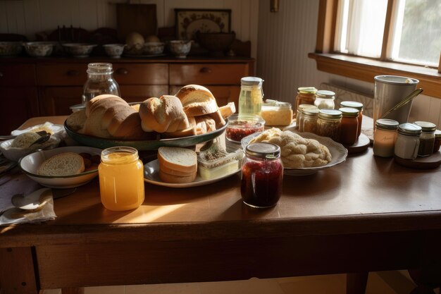 Tavolo della colazione con pane appena sfornato e conserve fatte in casa create con ai generativo