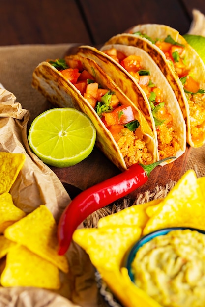 Tavolo di cibo messicano con nachos, guacamole, tacos e ingredienti