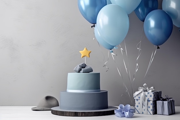 Tavolo di compleanno con una torta blu palloncini e regali Ai generativa