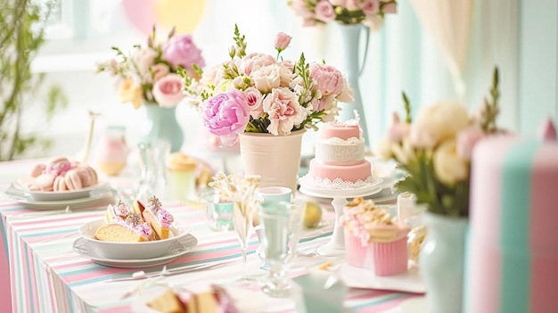 Tavolo di compleanno o bar di caramelle con dolci Torta di compleanno e cupcake bella festa celebrazione