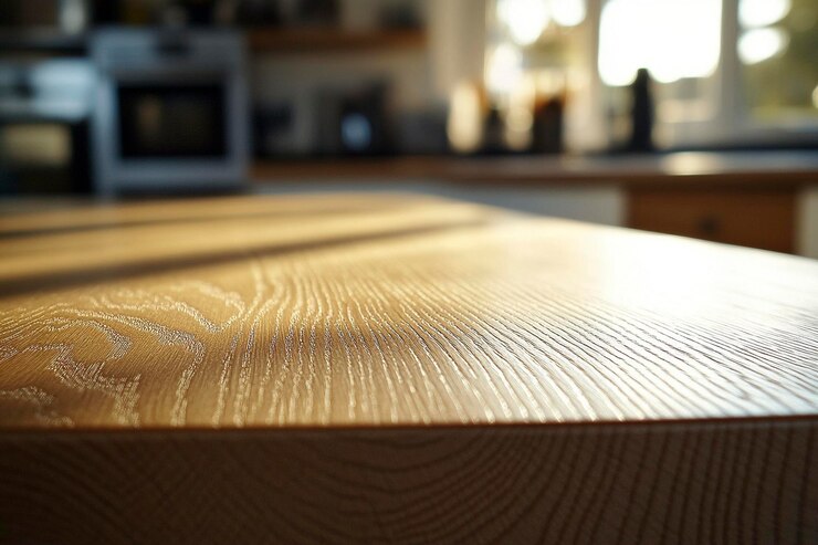 Foto tavolo di cucina in legno con sfondo di cucina moderna sfocato