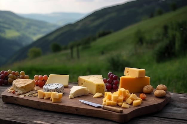 Tavolo di diversi formaggi su un tavolo di legno e il campo sullo sfondo