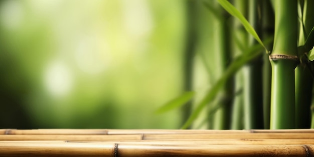 Tavolo di esposizione di prodotti in legno vuoto con sfondo di bambù orientale ai generativo