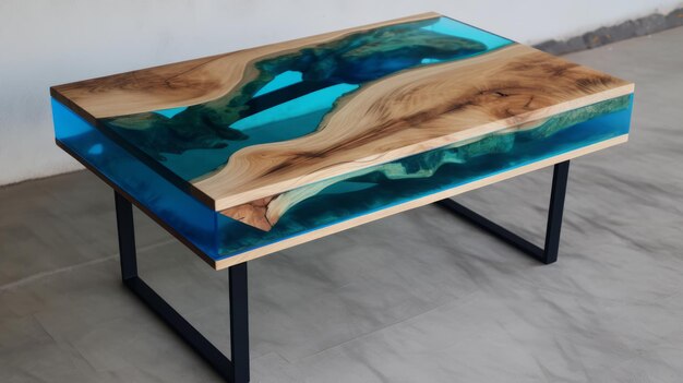 Tavolo di fiume in legno con resina decorativa blu epossidica AI generativa