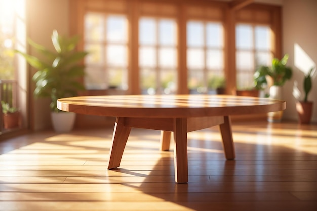 Tavolo di legno 3D contro un interno di stanza soleggiato sfocato