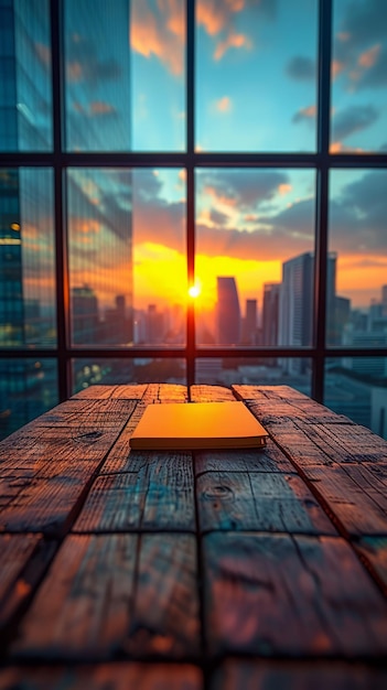 Tavolo di legno accanto alla finestra con vista sul tramonto