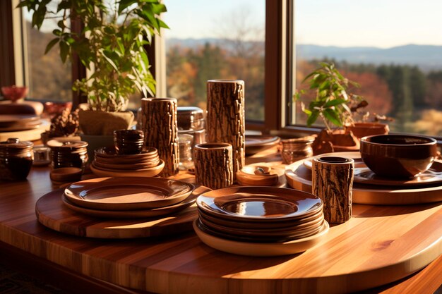 Tavolo di legno con diversi piatti e utensili su uno sfondo sfocato